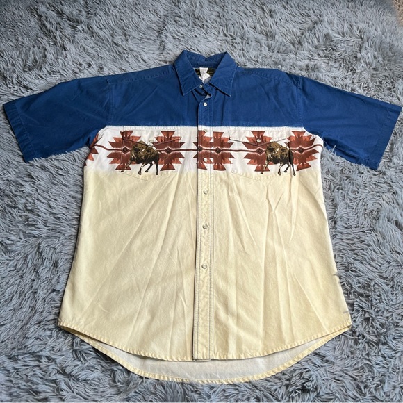 Wrangler Rustler Shirt Mens Medium Pearl Snap Western Rodeo Bull Steer Southwest - Picture 1 of 9